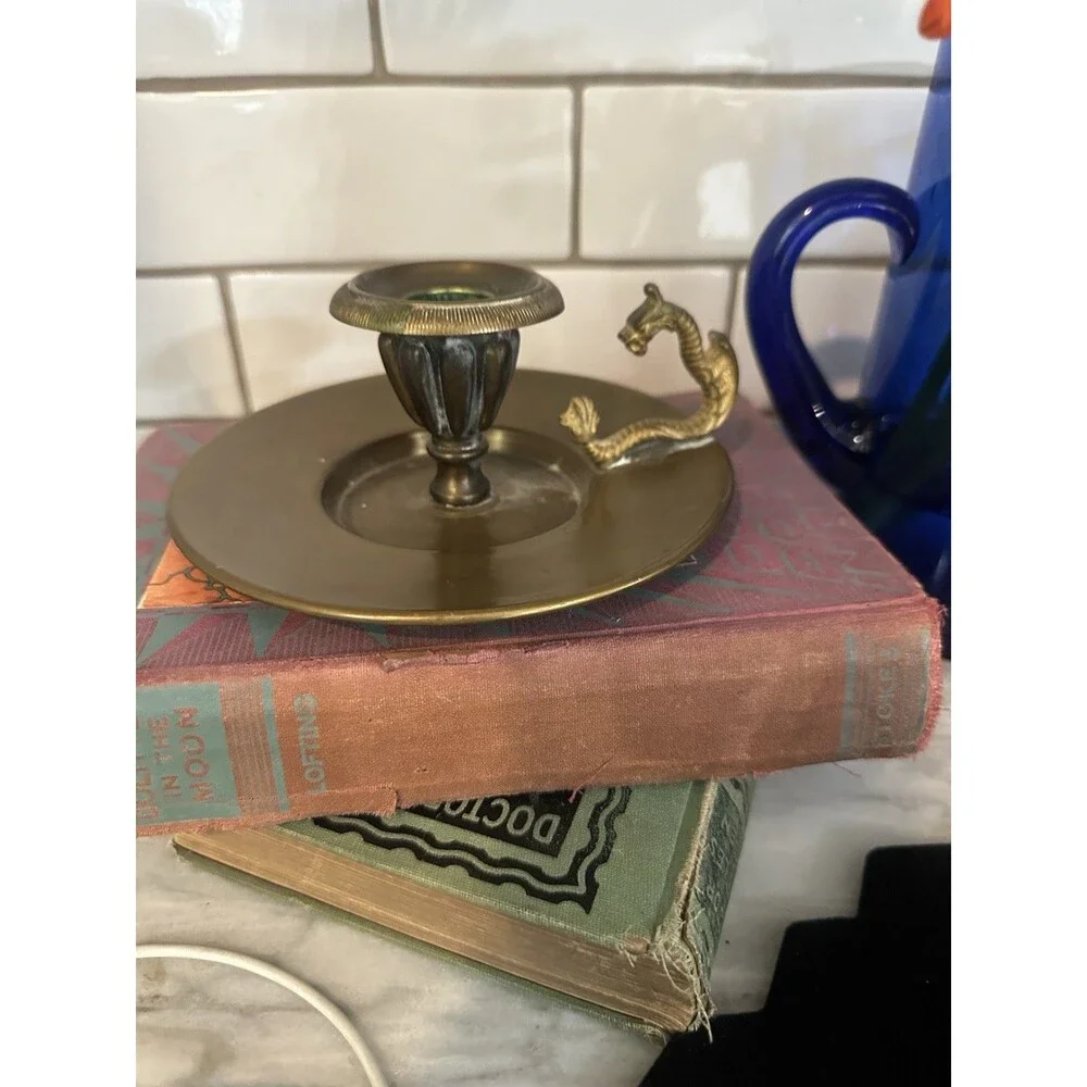 Vintage Brass Dragon Handle Candlestick Candle Holder Chamberstick